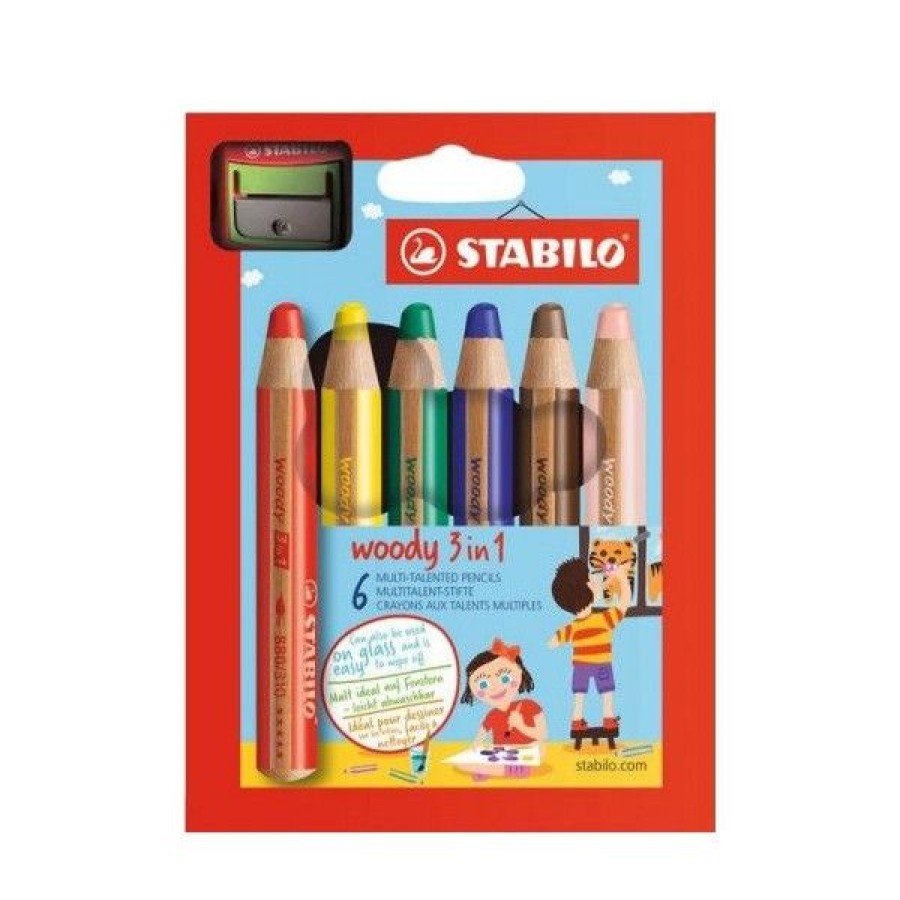 Dessin & Arts Graphiques Creastore Crayons De Couleurs | Pochette De 6 Crayons Stabilo - 3 En 1 Woody - Avec Taille-Crayon