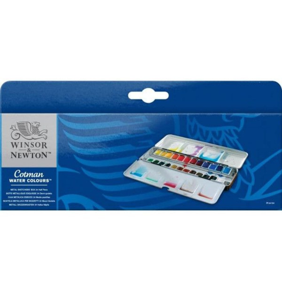 Peintures Creastore Peinture Aquarelle Fine | Boite D'Aquarelle Cotman Blue Box - 24 Demi-Godets - Winsor & Newton