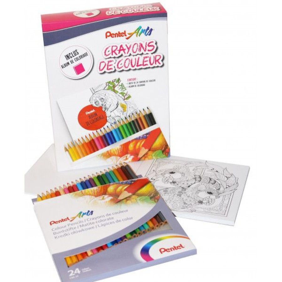 Dessin & Arts Graphiques Creastore Crayons De Couleurs | Set De Coloriage - 24 Crayons + Album - Pentel