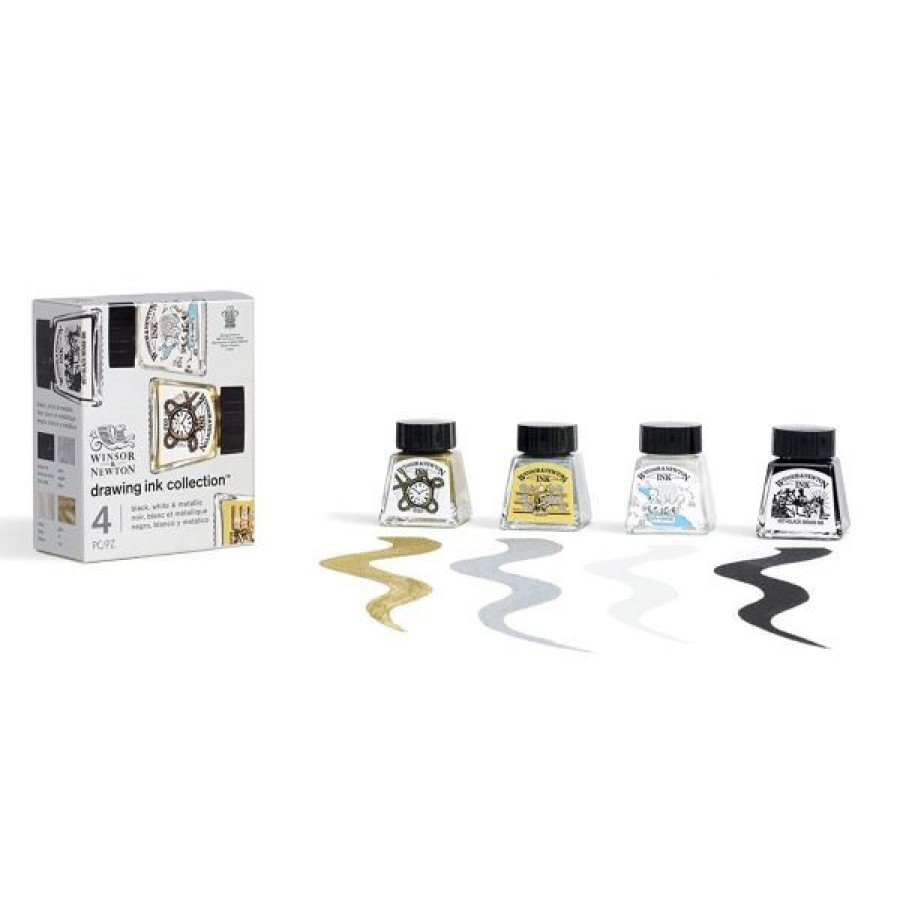 Dessin & Arts Graphiques Creastore Encres | Set De 4 Encres - Noir, Blanc Et Metalliques - Winsor & Newton