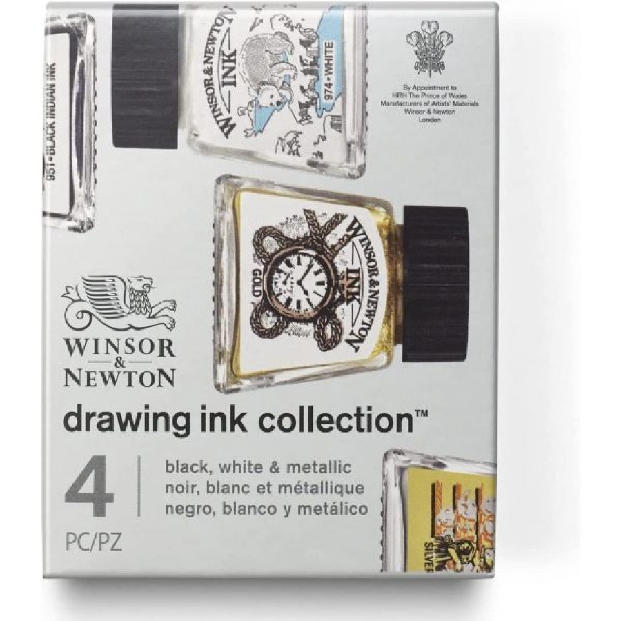 Dessin & Arts Graphiques Creastore Encres | Set De 4 Encres - Noir, Blanc Et Metalliques - Winsor & Newton