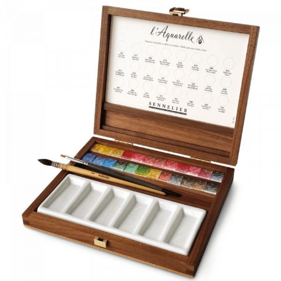 Peintures Creastore Peinture Aquarelle Extra&Fine | Coffret Aquarelle Extra-Fine 24 Demi-Godets + 2 Pinceaux - Sennelier