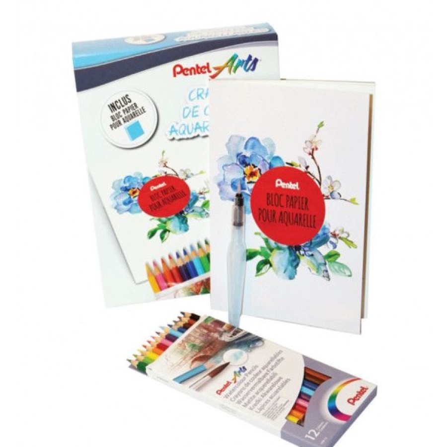 Dessin & Arts Graphiques Creastore Crayons Aquarellables | Set Aquarelle - 12 Crayons + Pinceau Reservoir + Bloc Papier - Pentel