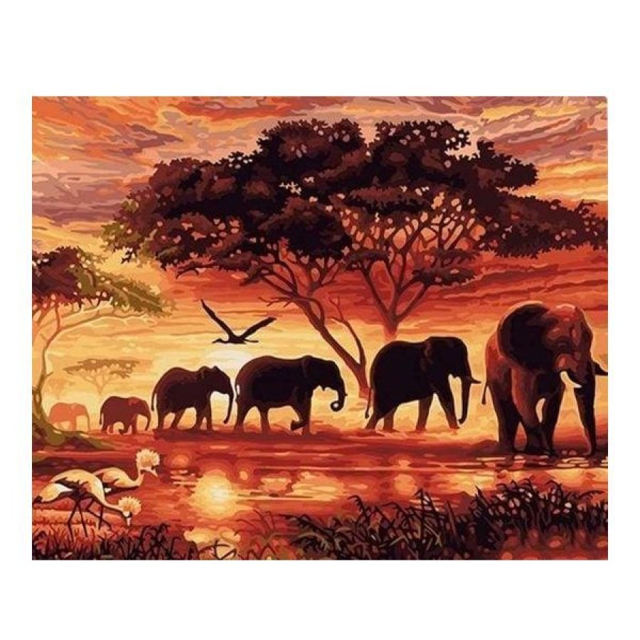 Peintures Creastore | Peinture Par Numeros - Elephants Au Coucher Du Soleil - Figured'Art