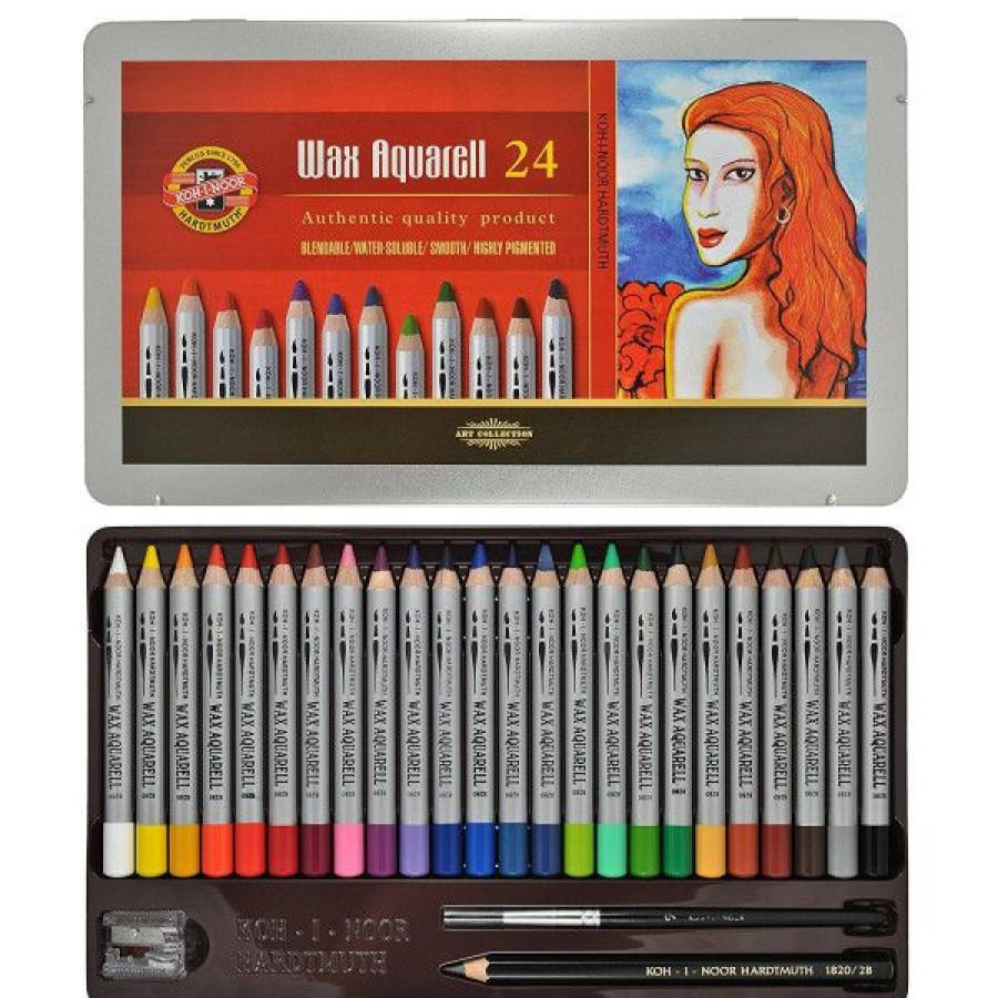 Dessin & Arts Graphiques Creastore Crayons De Couleurs | Boite De 24 Crayons Wax Aquarelle + Accessoires - Koh-I-Noor