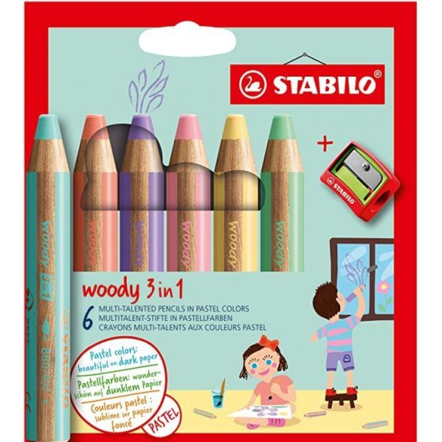 Dessin & Arts Graphiques Creastore Crayons De Couleurs | Pochette De 6 Crayons Stabilo Woody - Couleurs Pastels - Avec Taille-Crayon