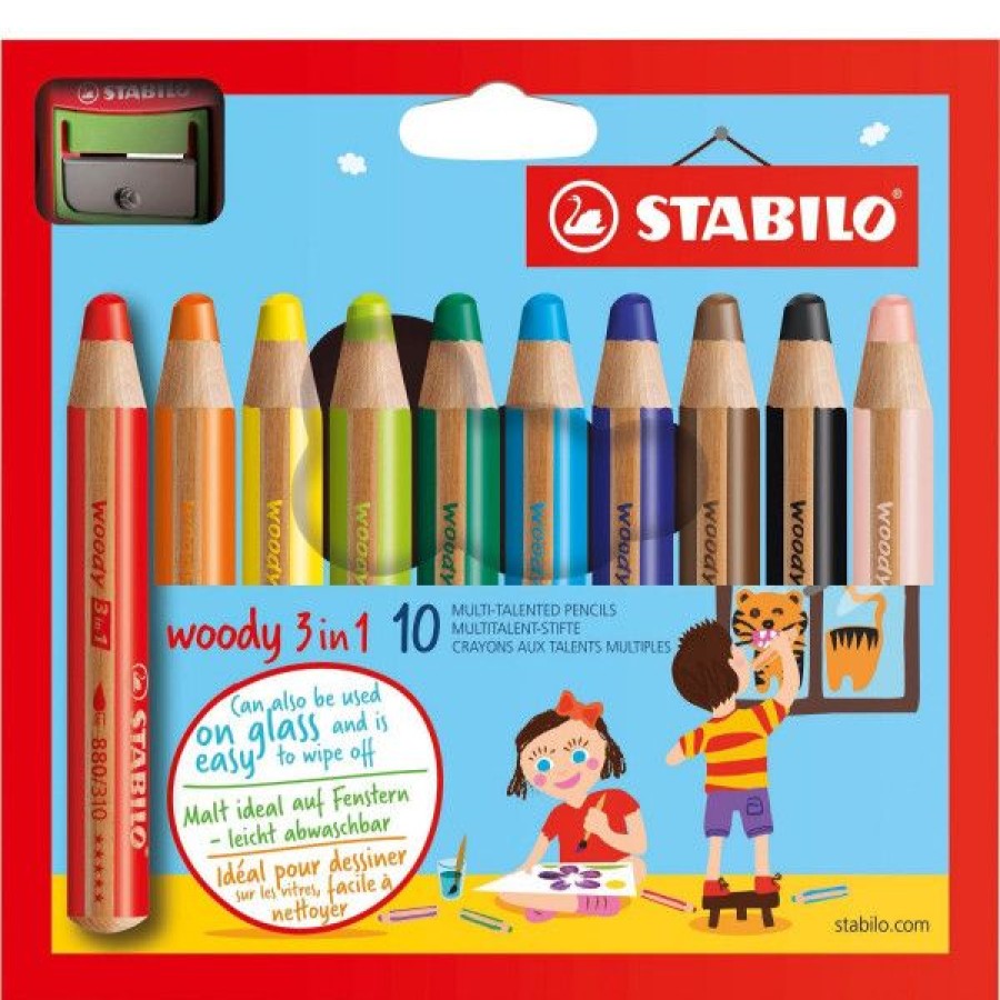 Dessin & Arts Graphiques Creastore Crayons De Couleurs | Pochette De 10 Crayons Stabilo - 3 En 1 Woody - Avec Taille-Crayon