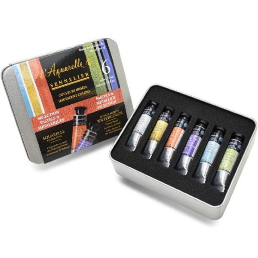 Peintures Creastore Peinture Aquarelle Extra&Fine | Boite Metal Aquarelle Extra-Fine - Pastel + Metallique- 6 Tubes 10Ml - Sennelier